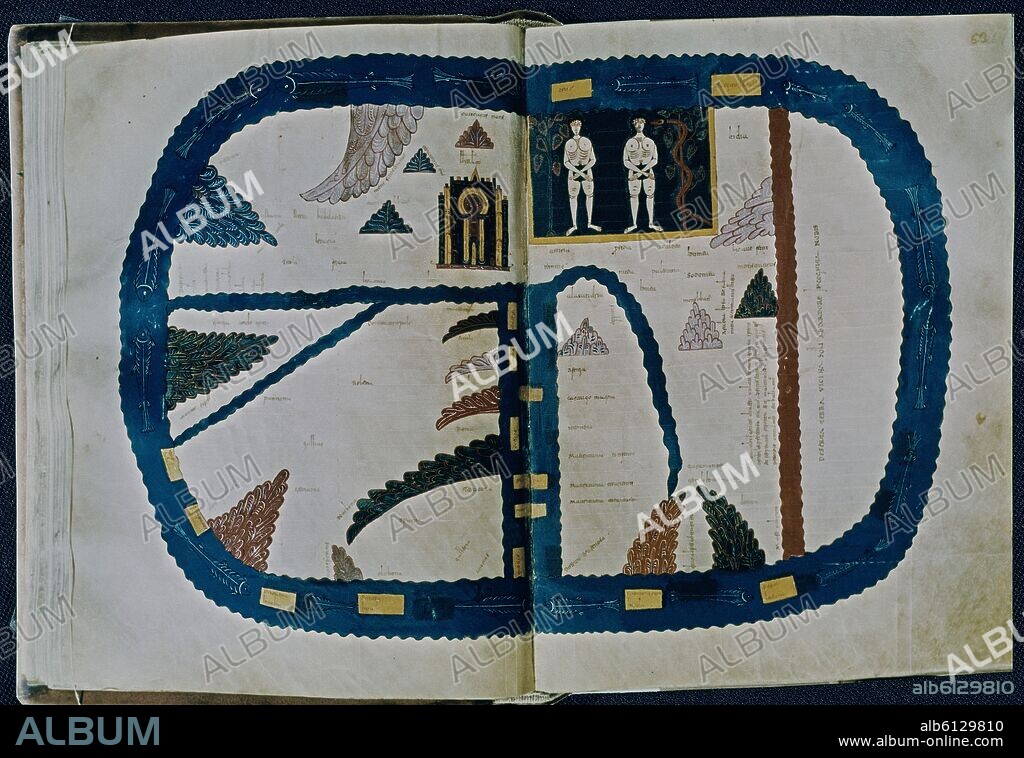 BEATO DE LIÉBANA. ILUSTRACION DE UN CODICE DEL COMENTARIO AL  APOCALIPSIS, EL PARAISO, F64V Y 65 - MAPAMUNDI - SIGLO XI.