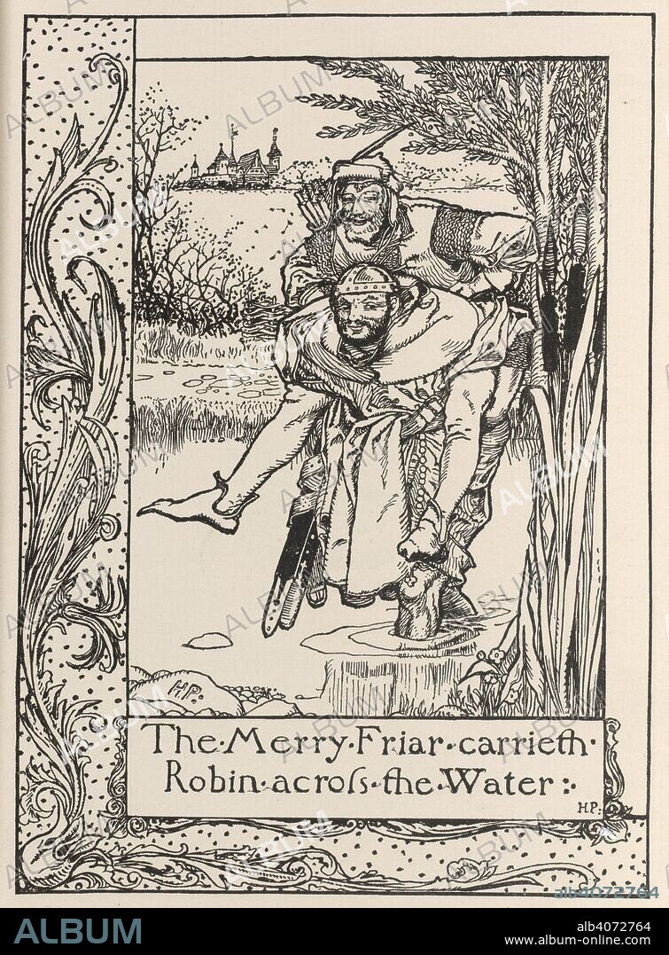 HOWARD PYLE. 'The merry friar carrieth Robin across the waters'. The Merry Adventures of Robin Hood ... Illustrated. Sampson Low & Co.: London, 1883. Source: 558*.b.31, frontispiece. Language: English.