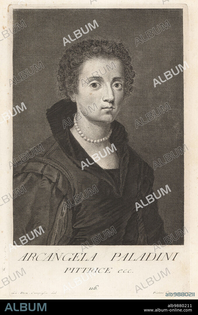 Arcangela Paladini or Arcangiola Palladini, Italian painter and embroiderer, singer and poet, 1599-1622. Daughter of portrait painter Filippo Paladini. Pittrice. Copperplate engraving by Pietro Antonio Pazzi after Giovanni Domenico Campiglia after a self portrait by the artist from Francesco Moucke's Museo Florentino (Museum Florentinum), Serie di Ritratti de Pittori (Series of Portraits of Painters) stamperia Mouckiana, Florence, 1752-62.