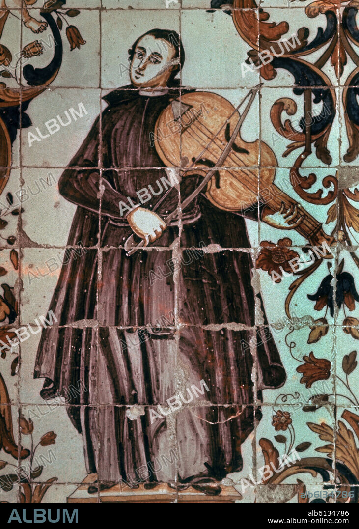 AZULEJO DE CERAMICA SEVILLANA-DETALLE MUSICO CON VIOLIN.