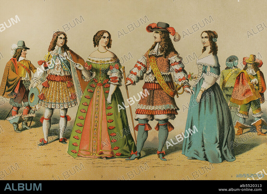 Historia de Francia (1600-1670). De izquierda a derecha: mosquetero, Felipe de Orleans, la reina consorte Maria Teresa de Austria (1638-1683), Luis XIV (1638-1715), dama de la corte y dos mosqueteros más al fondo. Cromolitografía. Historia Universal, por César Cantú. Tomo VIII. Publicado en Barcelona, 1886.