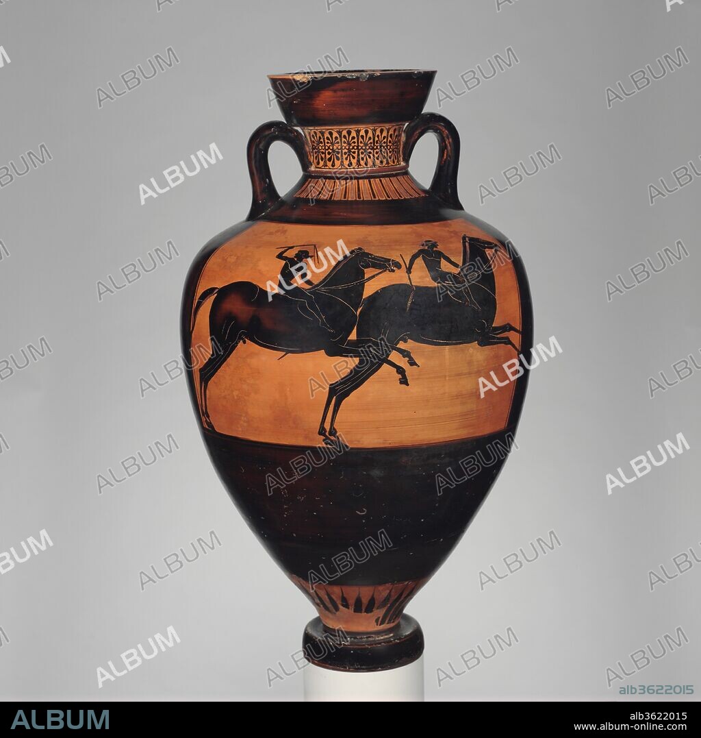 Terracotta Panathenaic prize amphora (jar). Culture: Greek, Attic. Dimensions: H. 26 1/8 in. (66.3 cm); diameter of mouth  7 3/8 in. (18.7 cm); diameter of foot  5 11/16 in. (14.5 cm). Date: ca. 490 B.C..
Overse, Athena
Reverse, horse race
The Eucharides Painter's representation of the horse race very effectively contrasts the powerful animals with their young, slight, and vigorous jockeys.