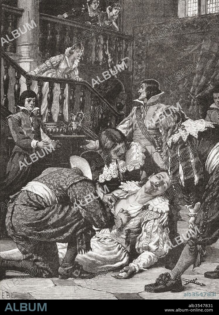 The assassination of the Duke of Buckingham, 23 August 1628, at the Greyhound Pub, Portsmouth, England. George Villiers, 1st Duke of Buckingham, 1592 – 1628. Favourite of King James I of England. From The Century Edition of Cassell's History of England, published 1901.