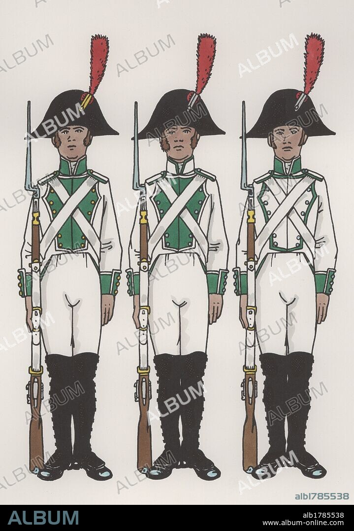 España. Uniformes militares. Siglo XIX. Regimientos infantería de línea de Zaragoza, Asturias, fijo de Ceutra, España y Burgos. Divisa verde. Año 1808. Dibujo de Joaquín Pla Dalmau (Girona, 1917-2005).