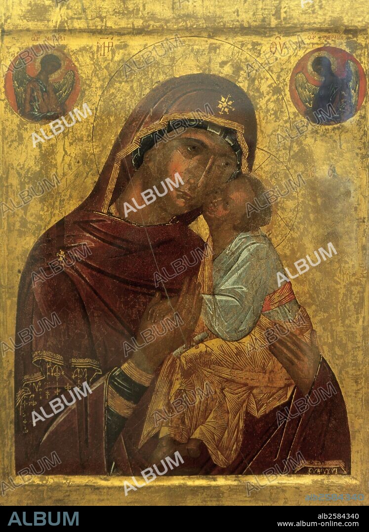 ARTE BIZANTINO. Madre de Dios (Glykophilousa o Eleusa). Forma iconográfica de representación del Niño Jesús y la Virgen maria, propio del arte bizantino, en los icono. Maestro de Constantinopla, activo en Rusia entre los siglo XIV-XV. Galería Nacional de Praga (Sternberg Palace). República Checa.