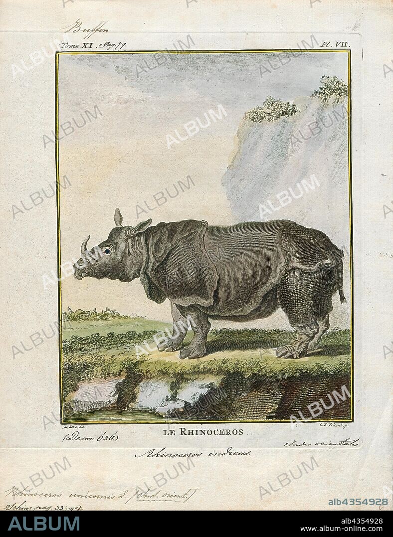 Rhinoceros unicornis, Print, The Indian rhinoceros (Rhinoceros unicornis), also called the greater one-horned rhinoceros and great Indian rhinoceros, is a rhinoceros native to the Indian subcontinent. It is listed as Vulnerable on the IUCN Red List, as populations are fragmented and restricted to less than 20, 000 sq km (7, 700 sq mi). Moreover, the extent and quality of the rhino's most important habitat, alluvial grassland and riverine forest, is considered to be in decline due to human and livestock encroachment. As of 2008, a total of 2, 575 mature individuals were estimated to live in the wild., 1700-1880.