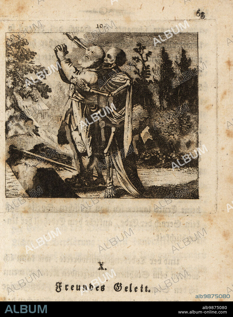 The skeleton of Death, Freund Hans, embraces a poor man, 18th century. Death points a bony hand to the sky while leading the old man to an open grave. Safe passage for a friend. Freundes Geleit. Copperplate engraving by Johan Georg Mansfeld after an original by Johann Rudolf Schellenberg from Johan Kark Musauss Freund Heins Erscheinungen in Holbeins Manier, (Apparitions of Death in the manner of Holbein) Mannheim, 1803.