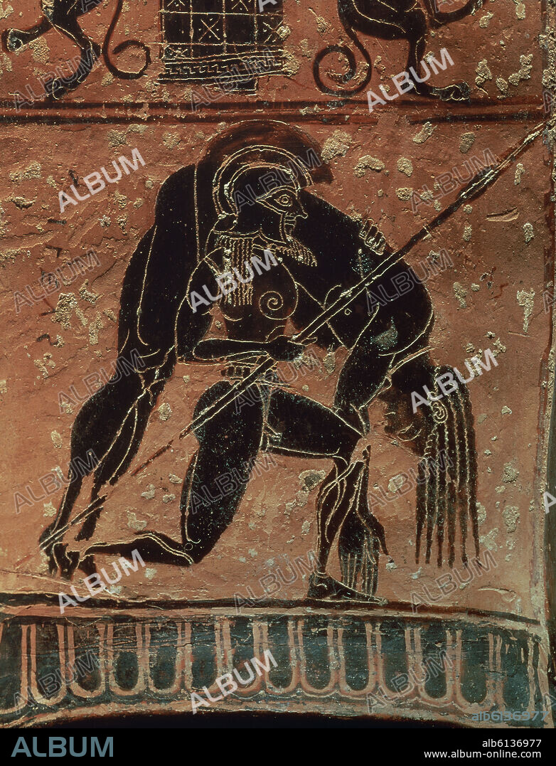 ERGOTIMO / CLITIAS. AYAX LLEVA EL CADAVER DE AQUILES - DETALLE DEL VASO FRANÇOIS (570 AC) TERRACOTA ATICA DE FIGURAS NEGRAS.