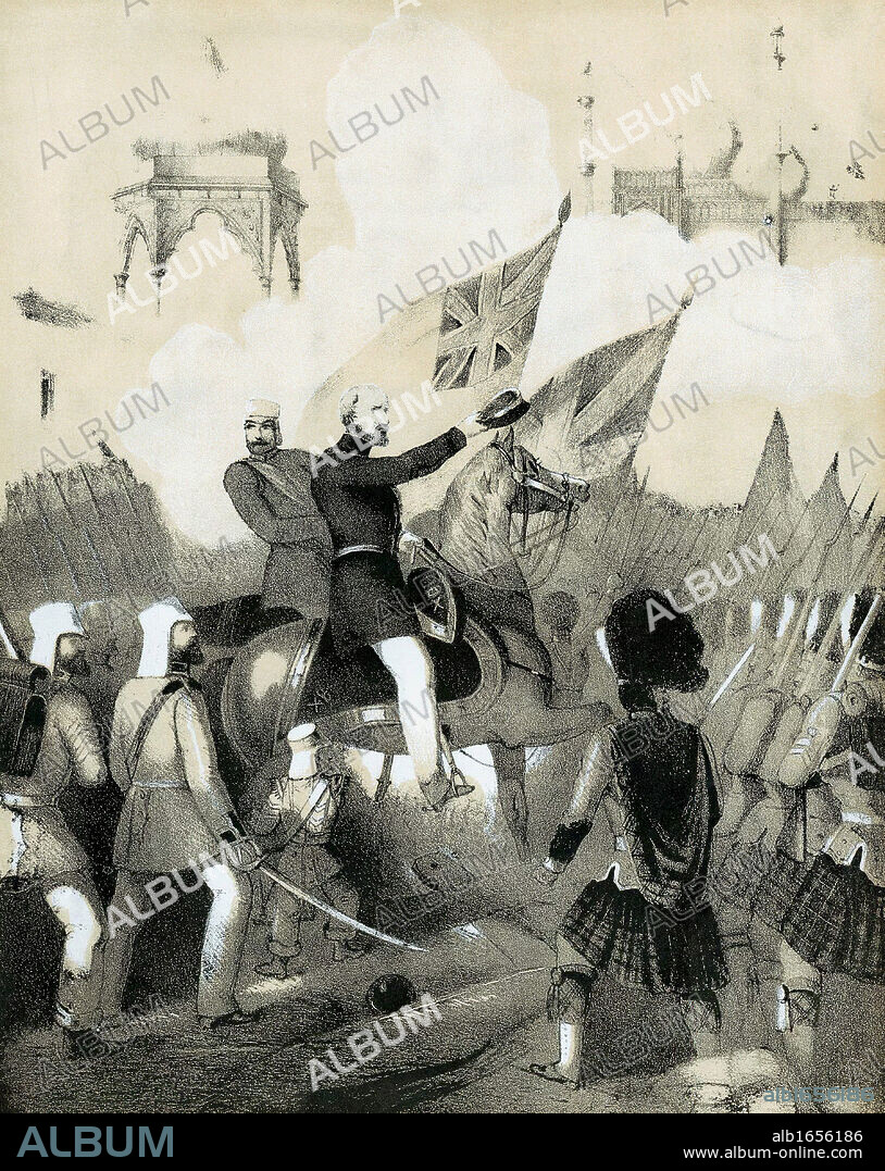 Indian Mutiny 1857-1859, also known as the Sepoy Mutiny or the Great War of Independence: Robert Cornelis Napier (1810-90) British military commander, making triumphant entry into Delhi. Cover of sheet music of The Battle March of Delhi. Tinted lithograph c1860.