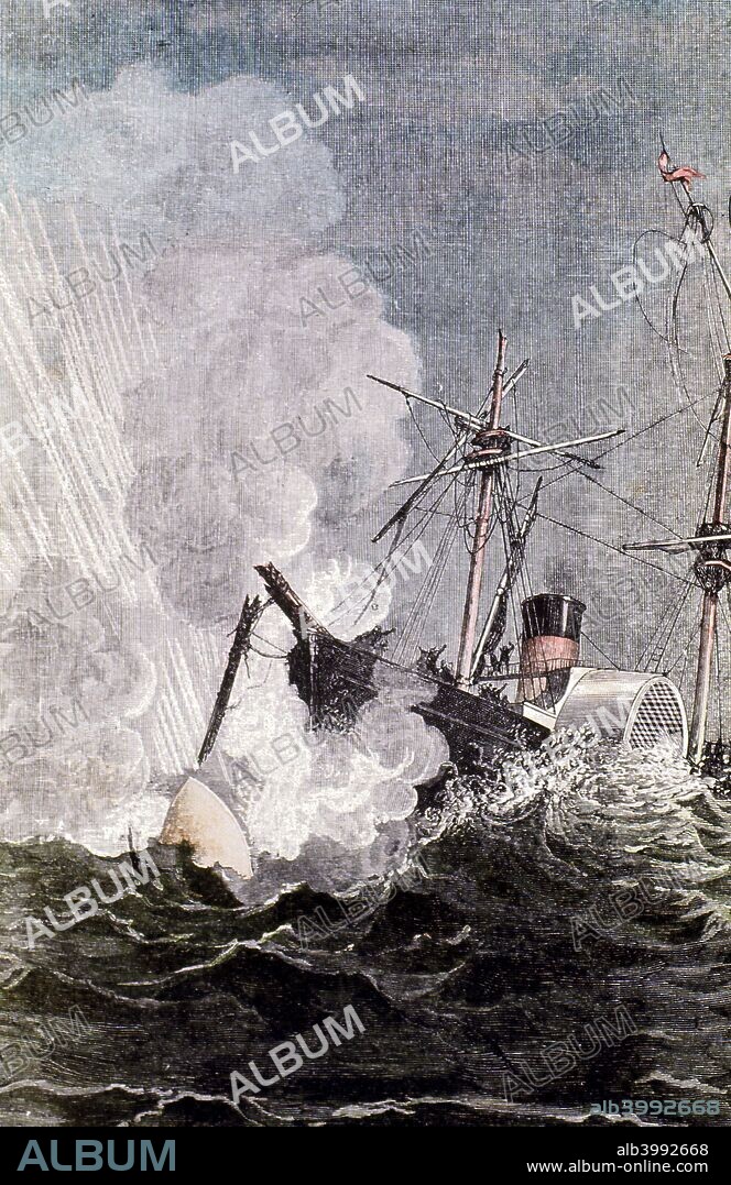 Scene from Jules Verne's From the Earth to the Moon, 1865. Splash down! The space travellers touching down in the sea after their trip to the Moon. French author Verne (1828-1905) was one of the pioneers of science fiction writing.
