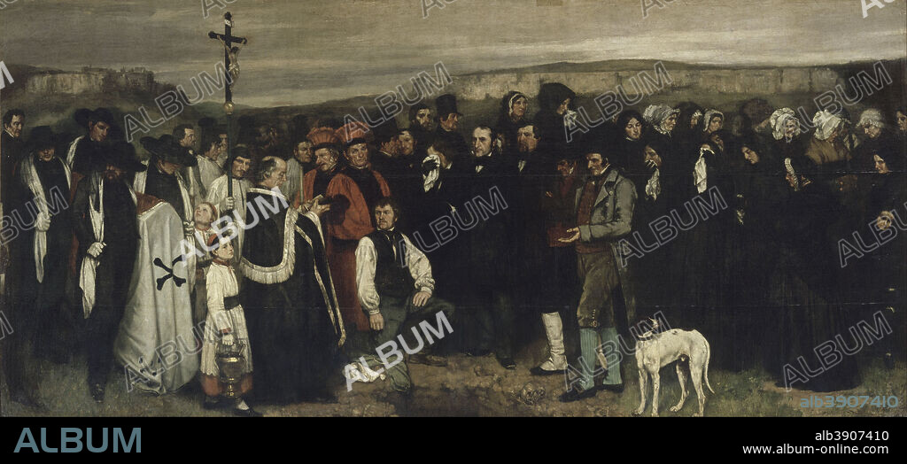 GUSTAVE COURBET. Un enterrement à Ornans, dit aussi Tableau de figures humaines, historique d'un enterrement à Ornans / A Burial at Ornans. Date/Period: 1849 - 1850. Painting. Oil on canvas. Height: 3,150 mm (10.33 ft); Width: 6,680 mm (21.91 ft).