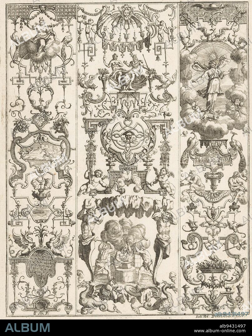 Three pilasters with grotesques and various mythical figures and scenes, Grotesque with Diana and winged woman figure Neues Groteschgen-Werk (series title), print maker: Johann Adam Delsenbach, (mentioned on object), Paul Decker (I), publisher: Johann Christoph Weigel, Neurenberg, 1700 - 1725, paper, etching, h 222 mm × w 172 mm.