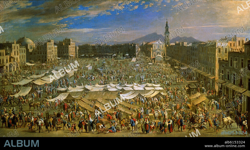 DOMENICO GARGIULO. LA PLAZA DEL MERCADO DE NAPOLES - 1654 - OLEO/LIENZO - 141 x 76 cm - BARROCO ITALIANO.