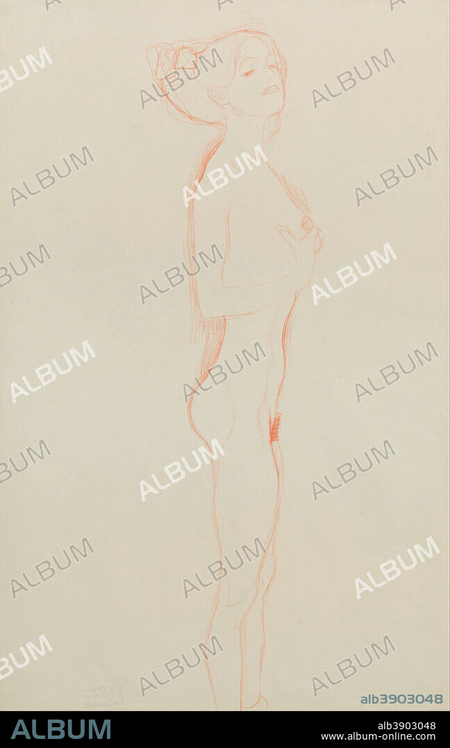 GUSTAV KLIMT. Stehendes nacktes Mädchen, die rechte Hand an der Brust Naked Girl Standing, with Right Hand to Breast. Date/Period: 1906. Drawing. Height: 547 mm (21.53 in); Width: 336 mm (13.22 in).