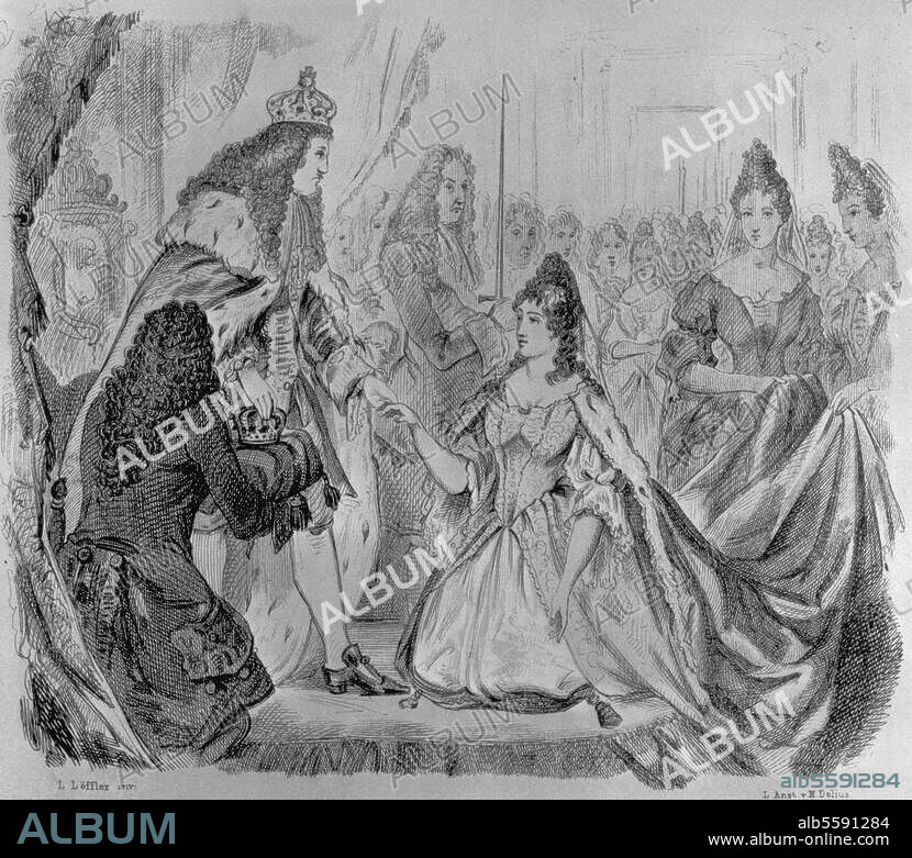 Friedrich I., König von Preußen (als Friedr. III. Kurfürst von Brandenburg), 1657-1713. Krönung zum König von Preußen am 18. Januar 1701 in Königsberg: Friedrich I. setzt seiner Gemahlin Sophie Charlotte die Krone aufs Haupt. Lithographie von Ludwig Löffler, 1851.