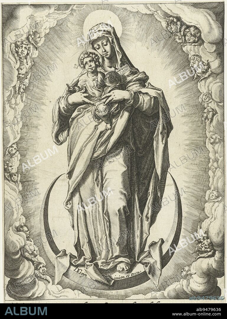 Mary, standing on a crescent moon in a wreath of clouds and angels, with the Christ child (as Salvator Mundi, with imperial apple) on her arm. Below the representation a line of Latin text (Revelation 12)., Mary with Christ Child standing on a crescent moon, print maker: Jacob de Gheyn (II), (workshop of), print maker: Zacharias Dolendo, (possibly), Jacob de Gheyn (II), (mentioned on object), Netherlands, 1593 - 1597, paper, engraving, h 240 mm × w 167 mm.