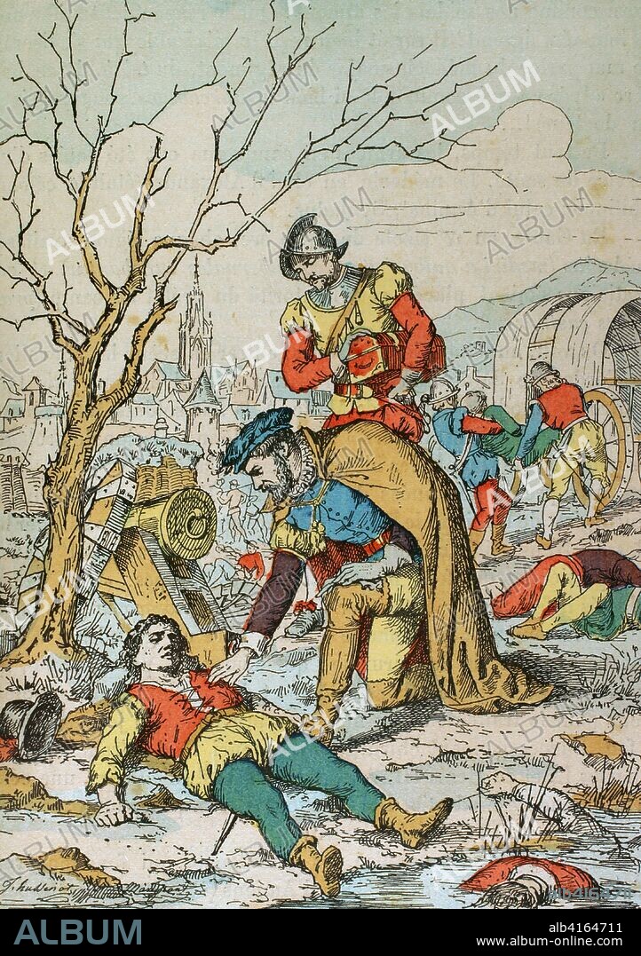 Guerras Italianas de 1551-1559. Sitio de Metz (de octubre del 1552 a inicios de enero 1553), con victoria francesa. Levantamiento del sitio de Metz, el 1 de enero de 1853. El cirujano y médico militar Ambroise Paré (1509-1590) visitando el campo de batalla, encuentra herido a un arquero al que todavía le latía el corazón. Ilustración a color de la "Armeé Française, Nos Soldats" (Ejército Francés, Nuestros Soldados). Autor, Eugene Hennebert (1826-1896). Ilustración firmada por Hussenot. París, h. 1890. Biblioteca Histórico Militar de Barcelona, Cataluña, España.