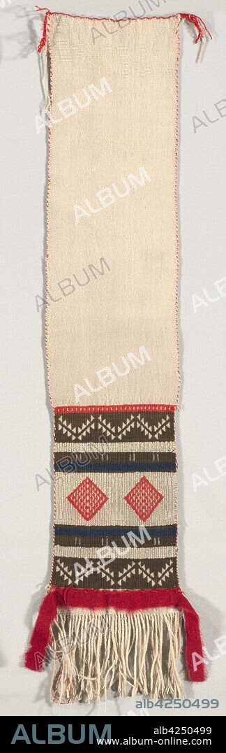 "Hopi Brocade" Style Dance Sash, c. 1874-1885. America, Native North American, Southwest, Pueblo (Hopi), Post-Contact, Late Classic Period. Plain weave with supplementary weft wrap; wool (handspun, Germantown, and bayeta); overall: 125 x 51.5 cm (49 3/16 x 20 1/4 in.).