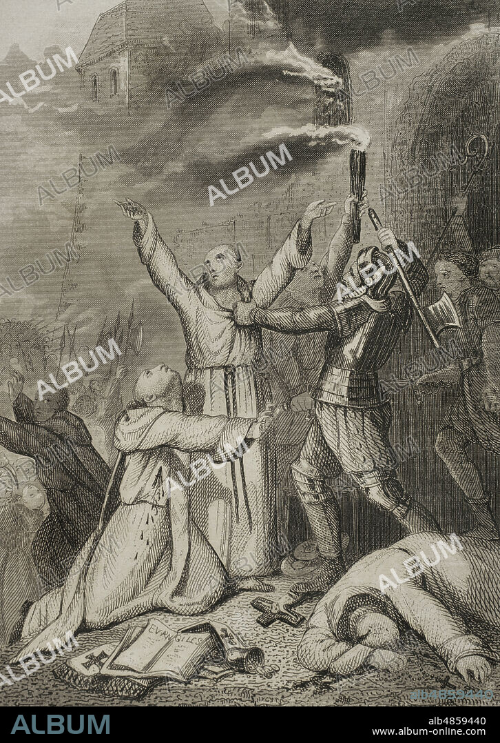 Massacre of Cashel (15 September 1647). Irish Confederate Wars (1641-1653). These were a series of civil wars in the kingdoms of Ireland, England and Scotland, all under the rule of King Charles I, which took place in Irish territory. The conflict had political, religious and ethnic aspects, being fought over issues of governance, land ownership and religious freedom. The main issues were whether Irish Catholics or British Protestants held the greater political power and owned most of the territory, and whether Ireland would be a self-governing kingdom under Charles I or subordinate to the English parliament. The papal nuncio, Giovanni Battista Rinuccini (1592-1653), and his clergy celebrated as their own the victory in 1647 of Michael Jones's Parliamentary army over Thomas Preston's (Royalist) Catholics at Dungan's Hill. Owen Roe O'Neill (1590-1649), the nuncio's general, took command of most of the troops. Murrough O'Brien (1614-1674), 1st Earl of Inchiquin, leading the Parliamentarians, seized Cahir Castle and marched into County Tipperary, reaching Cashel, whose inhabitants were fortified on the Rock of Cashel, a place more protected than the town itself. Arriving with his army at the Rock of Cashel, Inchiquin demanded surrender within the hour. The defenders offered to enter into negotiations, but Inchiquin refused. On the afternoon of 15 September 1647, the storming began. All the soldiers protecting the Rock of Cashel and most of the civilians were killed by the attackers. Among those whose throats were slit in the church on top of the Rock were twenty clergymen. Slaughter of Catholic priests. Engraving. Historia de las persecuciones políticas y religiosas en Europa (History of political and religious persecutions in Europe). Volume III. Published in Barcelona, 1864.