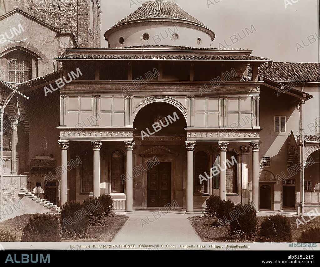 Filippo Brunelleschi, Pazzi Chapel, S. Croce, Florence, albumin paper, black and white positive process, image size: height: 19.00 cm; width: 25.00 cm, FIRENZE - Chiostro di S. Croce. Cappella Pazzi. (Filippo Brunelleschi.), architectural photography, travel photography, column, pillars (architecture), exterior of a church, hist. building, locality, street, Florence.