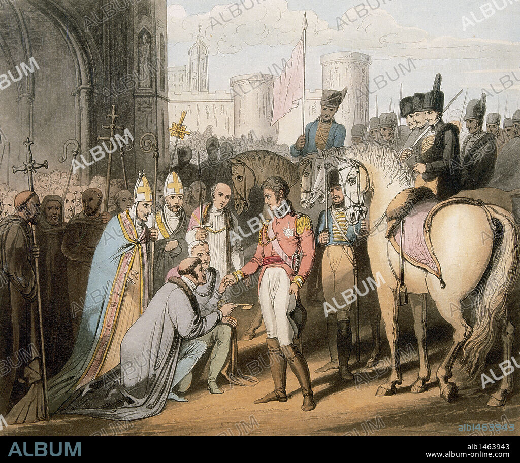 WELLINGTON, Arthur Colley Wellesley, duque de (1769-1852). Militar y político británico. En España se hizo cargo de las tropas británicas contra Napoleón. "ENTRADA DEL DUQUE DE WELLINGTON Y SUS TROPAS INGLESAS EN MADRID". (227x252 mm). Piedra, litografía a pluma y pincel. Museo Muncipal. Madrid.