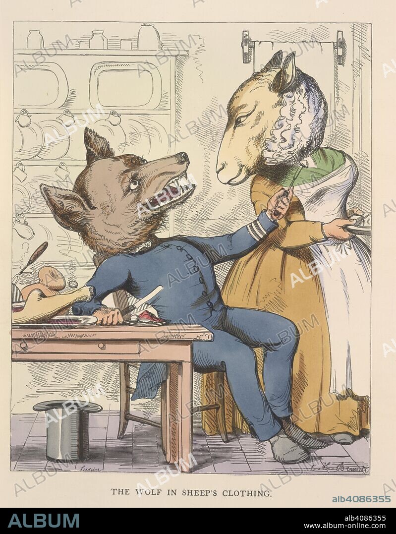 AESOP, C. H BENNETT and J SWAIN. The wolf in sheep's clothing. The Fables of Ã†sop and others. Translated into hum. W. Kent & Co.: London, 1857. A wolf dressed as a policeman, and a sheep. In a kitchen.  Image taken from The Fables of Ã†sop and others. Translated into human nature, designed and drawn on the wood by Charles H. Bennett, etc.  Originally published/produced in W. Kent & Co.: London, 1857. . Source: 12305.g.11, opposite 21. Language: English.