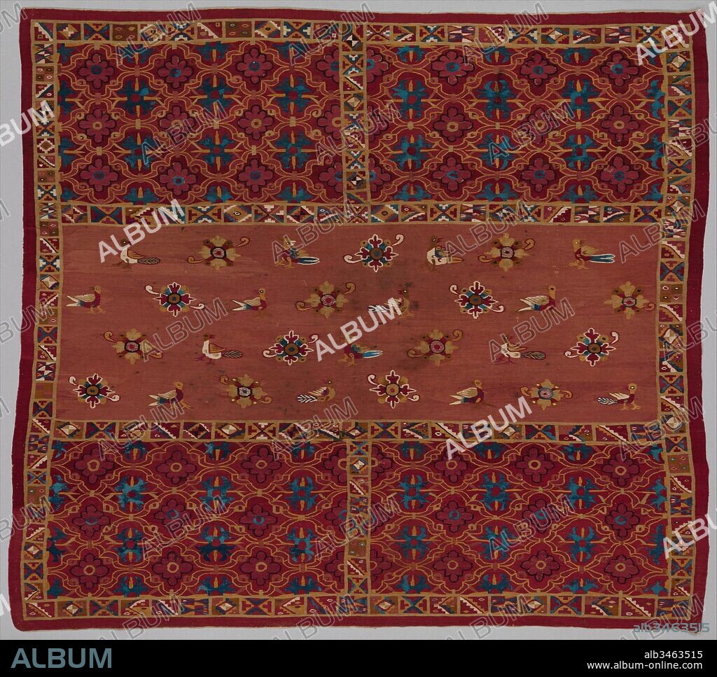 Woman's wedding mantle (lliclla) with interlace and tocapu design, late 16th–early 17th century, Made in Peru, Peruvian, Tapestry weave, cotton warp and camelid weft, Overall: 50 1/2 x 45 1/2in. (128.3 x 115.6cm), Textiles.