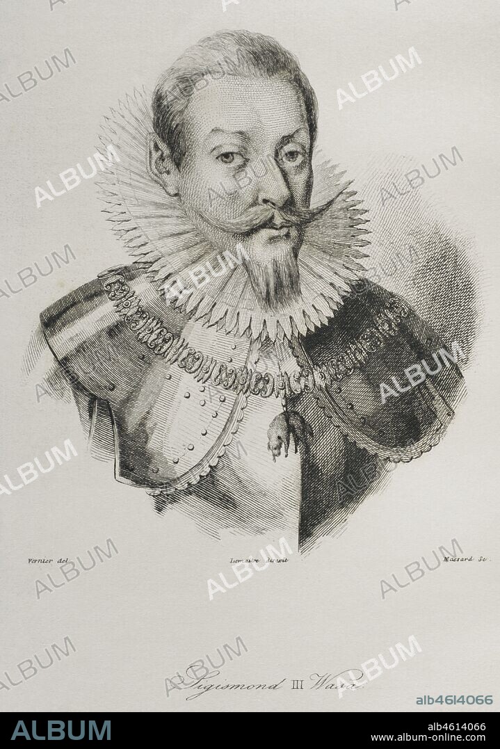 Segismundo III Vasa (1566-1632) Rey de Polonia como Segismundo III entre 1587 y 1632. Rey de Suecia entre 1592 y 1599 como Segismundo I. Retrato. Grabado por Lemaitre, Vernier y Massard. Historia de Polonia, por Charles Foster. Panorama Universal, edición española de 1840.