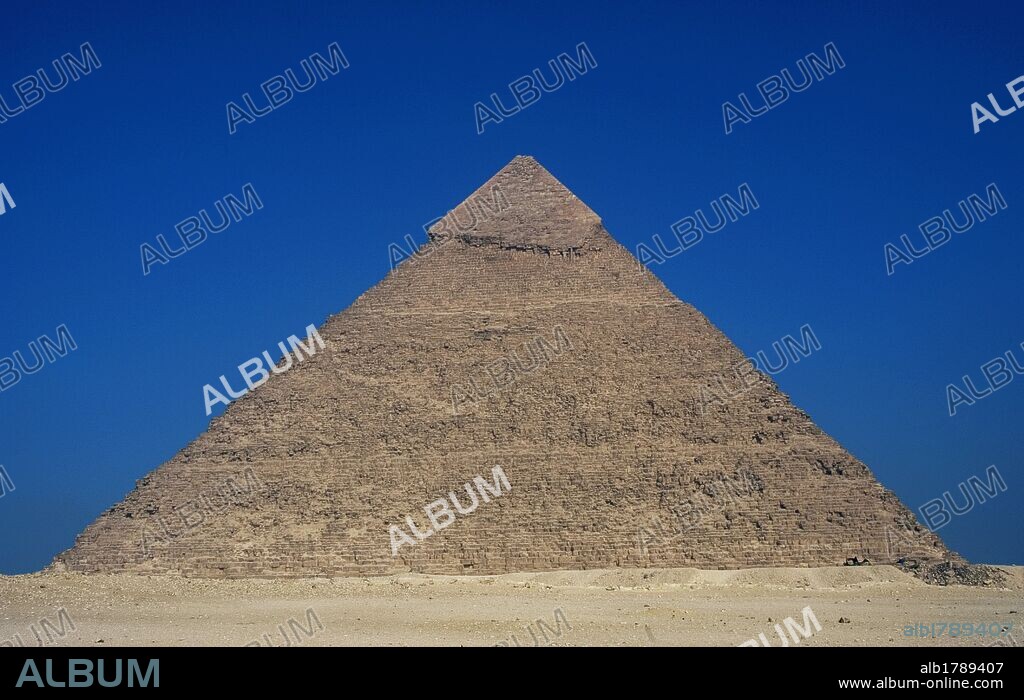 Egypt. Pyramids of Giza. The Pyramid of Khafre, also known as the Pyramid of Chephren. Tomb of the fourth-dynasty pharaoh Khafre (Chephren). 26th century B.C. Old Kingdom.
