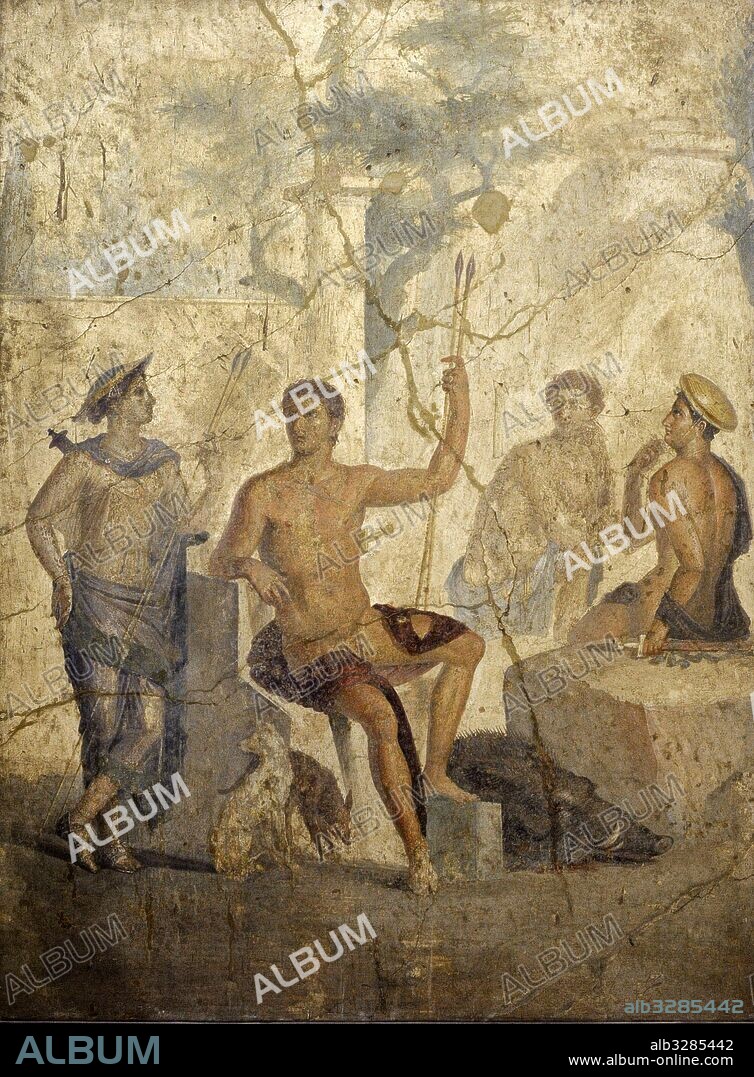 Roman fresco depicting Meleager and Atalanta resting after hunting the Calydonian boar. 1st century AD. House of the Centaur. Pompeii. National Archaeological Museum. Naples. Italy.