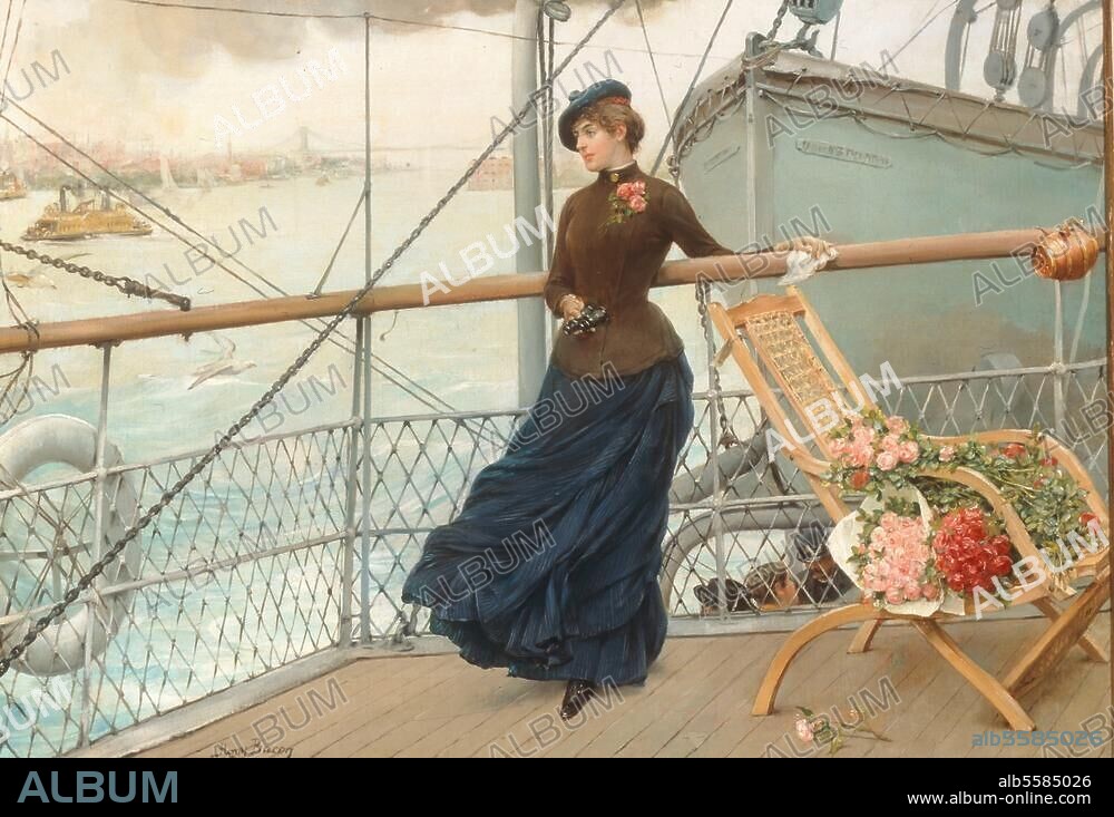 HENRY BACON (MALER). Bacon, Henry 1839-1912. "A Scottish Lady on a Boat Arriving in New York" (Schottische Dame auf einem Schiff bei der Ankunft in New York), undat. Öl auf Leinwand, 48 × 69 cm. Kunsthandel London, Sotheby's, 17. November 1993, Lot 176.