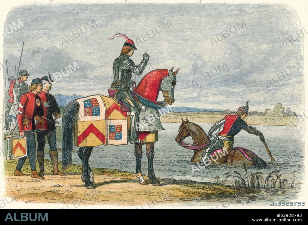 'Buckingham finds the Severn impassable', 1864. Henry Stafford, 2nd Duke of Buckingham, (1454 -1483)) finds the River Severn swollen after heavy rain, blocking his way to join a rebellion against Richard III of England, 1483. From A Chronicle of England B.C. 55 - A.D. 1485 by James E. Doyle. [Longman, Green, Longman, Roberts & Green, London, 1864].
