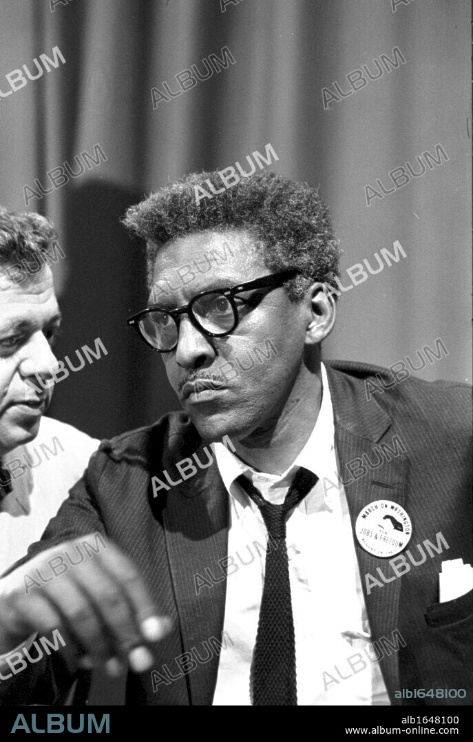 Bayard Rustin (1912-1987), American civil rights activist. Rustin in the Statler Hotel at a news briefing on the Civil Rights March on Washington, DC, USA, 27 August 1963. Photographer: Warren K  Leffler.