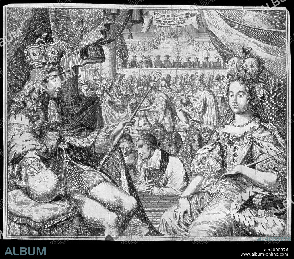 William III and Mary II, King and Queen of Great Britain and Ireland, c1689. The Protestant William of Orange (1650-1702) and Mary Stuart (1662-1694) came to the throne following the Glorious Revolution. They ruled together until Mary's death in 1694, after which William reigned alone.