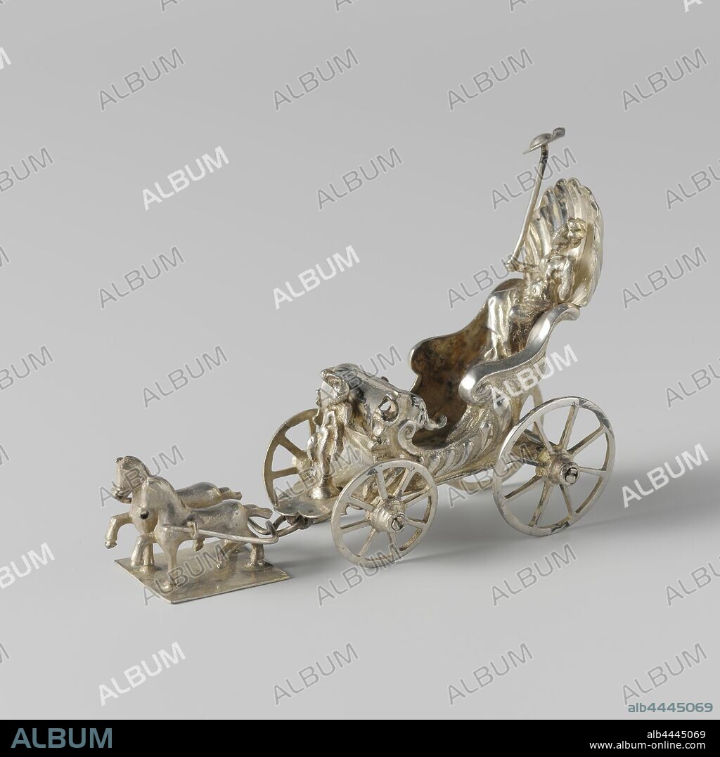 Triumphal chariot or Liberty, Triumphal car (shell model) on four wheels. The side walls are decorated with lobe ornaments. In the car sits a woman with a hat on her stick in her right hand (sign of freedom). There is a cupid in the front of the car. The wagon is pulled by two horses standing on a rectangular plate (the horses are probably not included). The image is marked: maker's mark and three times an ax, Freedom, Liberty, 'Libertà' (Ripa), chariot, triumphal car, Michiel Maenbeeck (attributed to), Amsterdam, c. 1666 - c. 1682, silver (metal), l 9.7 cm × h 7.4 cm × w 4 cm × w 71.63 gr.