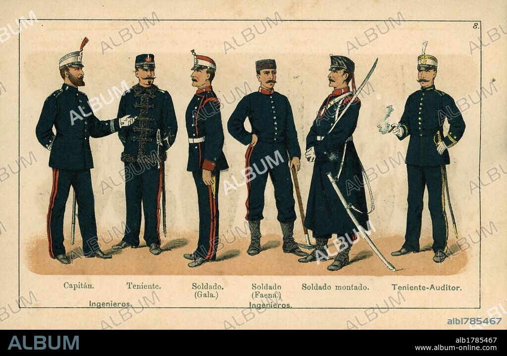 Uniformes del Ejército español. Año 1888. Ingenieros y Teniente auditor.