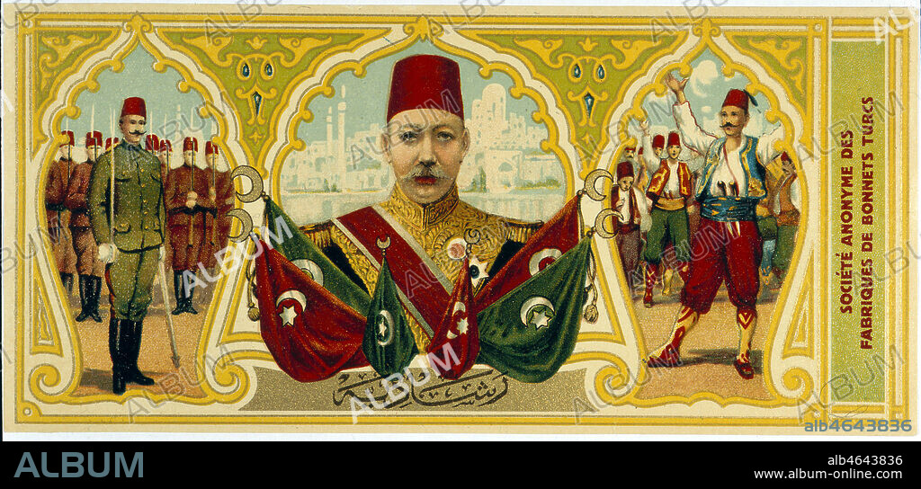 Etiquette de boîte de chapeaux turcs (fez) fabriquée en Europe vers 1900.