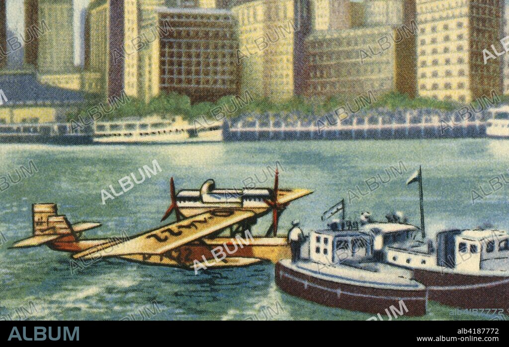 Wolfgang von Gronau arrives in New York after crossing the Atlantic, August 1930, (1932). German aviation pioneer Wolfgang von Gronau (1893-1977) flew a Dornier Wal from Sylt in Germany via the Faroe Islands, Iceland, Greenland and Labrador, reaching New York City after covering 7,520 km (4,670 miles) in 47 flight hours. From "Die Eroberung Der Luft", (The Conquest of the Air), cigarette card album produced by the Garbáty cigarette factory, 1932. Eugene and Moritz Garbáty, who were Jewish, were driven out of business by the Nazis in the late 1930s, and forced to sell their factory which lay empty for over 70 years. [Garbaty Cigarettenfabrik, Berlin-Pankow, 1932].