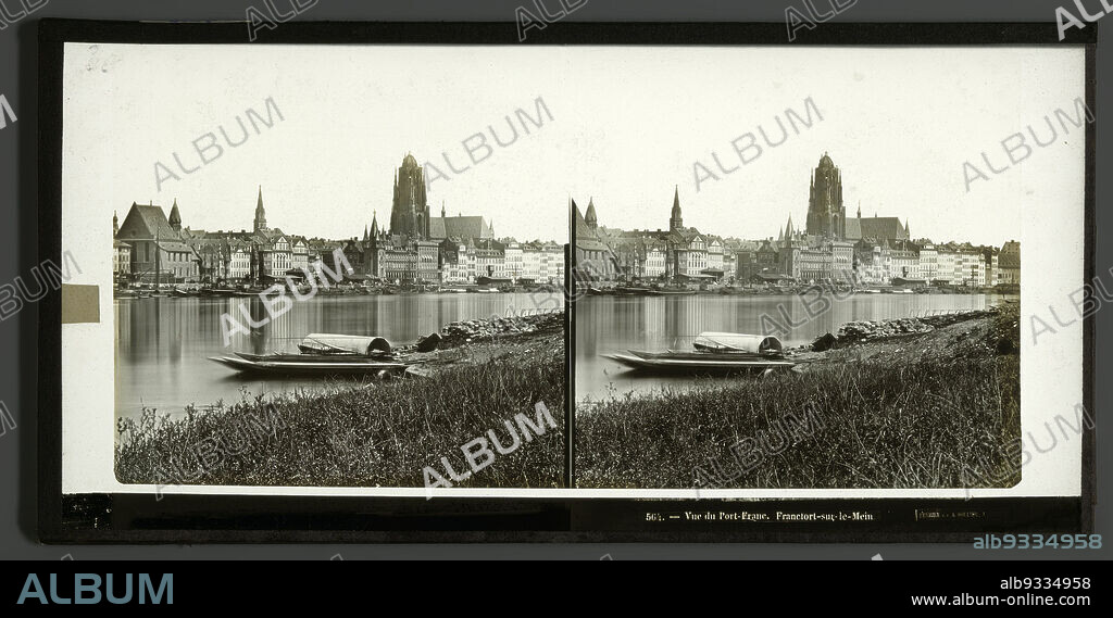 View of Frankfurt am Main, in the distance Frankfurt Cathedral, Vue de Port-Franc, Francfort-sur-le-Mein (title on object), Ferrier Père-Fils et Soulier (mentioned on object), Frankfurt am Main, 1860 - 1867, glass, slide, height 85 mm × width 171 mm.