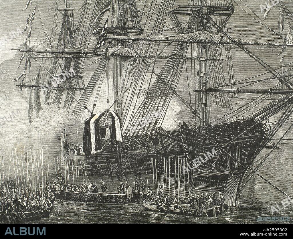 Napoleon Bonaparte (1769-1821). French emperor from 1804-1814. Shipment of remains of Napoleon on board ship. Engraving. Historia Universal, 1882.