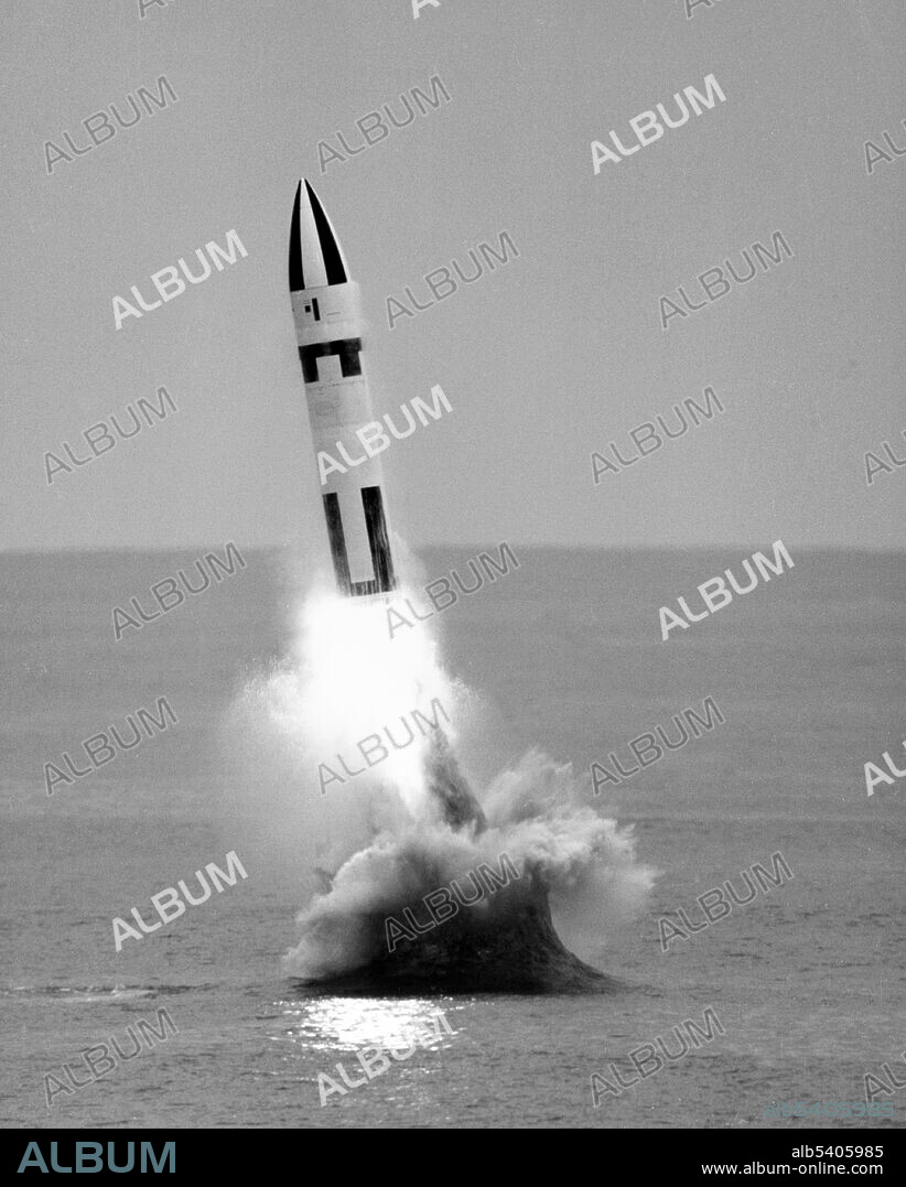 Underwater firing of the Polaris A-3 missile by an unidentified U.S. Navy submarine. The UGM-27 Polaris missile was a two-stage solid-fueled nuclear-armed submarine-launched ballistic missile. As the U.S. Navy's first SLBM, it served from 1961-96. As the Polaris missile was fired underwater from a moving platform, it was essentially invulnerable to counterattack. Polaris formed the backbone of the U.S. Navy's nuclear force aboard a number of custom-designed submarines.  cropped and cleaned).