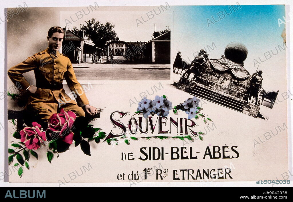 French colonial postcard showing French Foreign Legion soldier and military Base, at Sidi el Abbes, Algeria 1912.