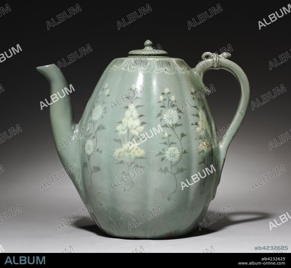 Pitcher with Inlaid Chrysanthemum and Peony Design, 1100s. Korea, Goryeo period (918-1392). Celadon ware with inlaid white and black slip decoration; height with lid: 20.6 cm (8 1/8 in.); outer diameter: 15 cm (5 7/8 in.).