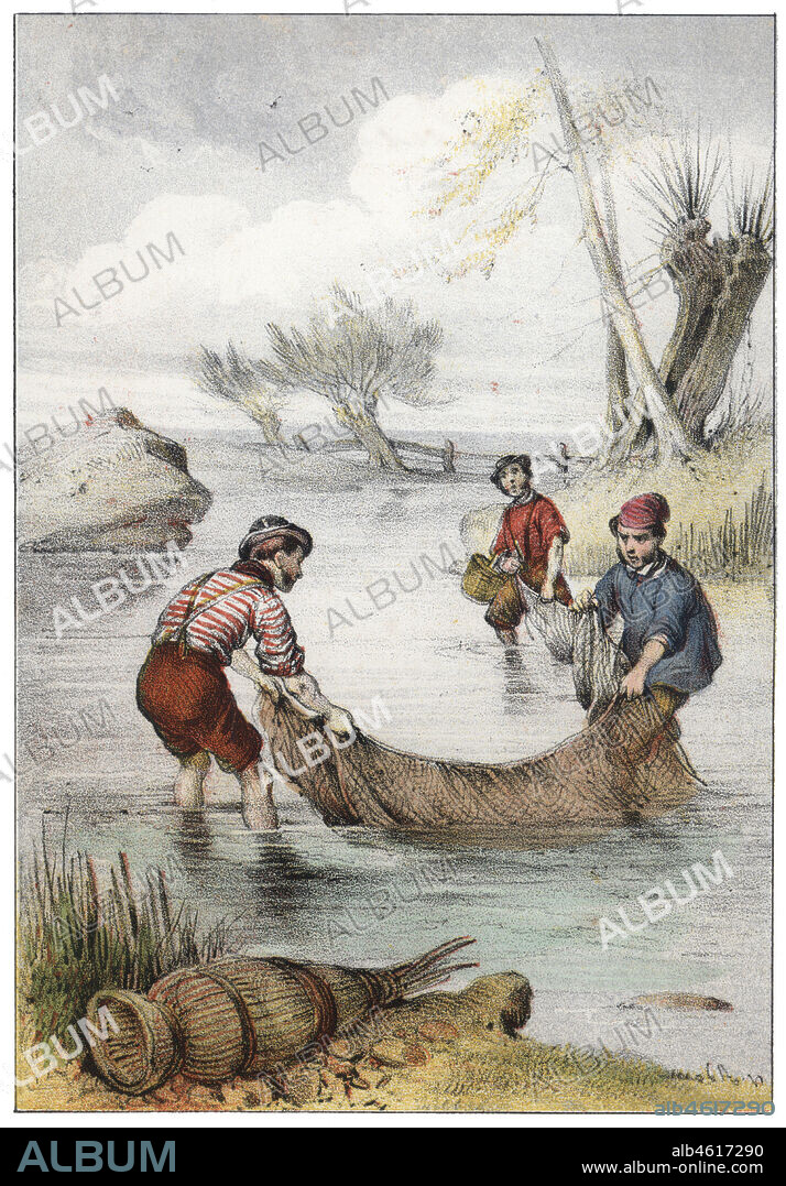Francia. Pesca con red en el río Sena. Grabado de 1862.