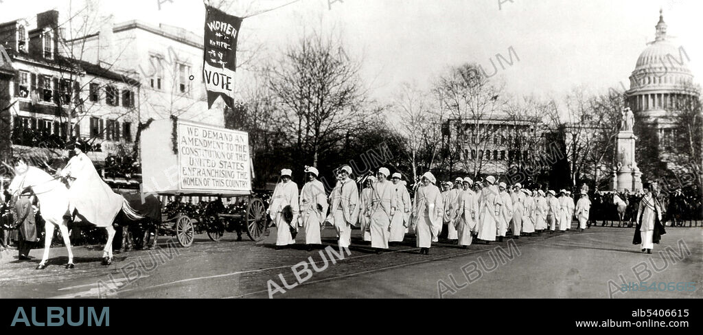 The Woman Suffrage Procession was the first suffragist parade in Washington, DC, and the first large, organized march on Washington for political purposes. The procession was organized by the suffragists Alice Paul and Lucy Burns for the NAWSA. Participation numbers vary between 5,000 and 10,000 marchers. Suffragettes and supporters marched down Pennsylvania Avenue on Monday, March 3, 1913, the day before President Wilson's inauguration. No photographer credited, 1913 (cropped and cleaned).