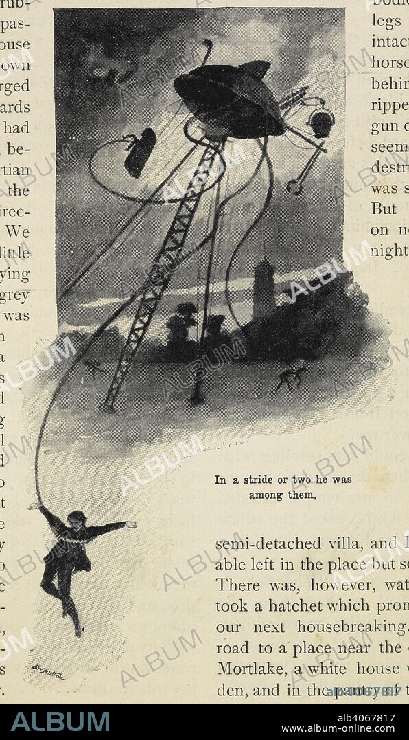 HERBERT GEORGE WELLS. A human caught by the tentacles of a Martian tripod. An illustration from 'War of the Worlds', by H.G. Wells. . Pearson's magazine. London : C.A. Pearson, 1896-1939. Science fiction. Black and white illustration. Source: P.P.6004.gmq, page 455. Language: English.