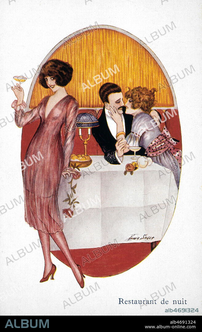 Restaurant de Nuit. Une femme avec une coupe de champagne, un couple s'embrasse a une table derriere elle. Carte postale illustree par Xavier SAGER, annees 20, annees folles. Credit Collection IM/Kharbine Tapabor.