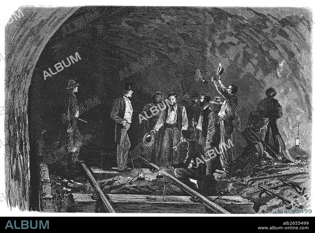 Apertura de los Alpes, túnel de Mont Cenís entre Francia e Italia, unión entre los túneles y colocación del ultimo raíl, en septiembre de 1871. Grabado de época.