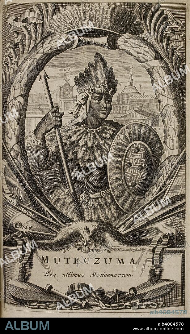 ARNOLDUS MONTANUS. Portrait of Montezuma II (also spelled Moctezuma II). The last Aztec Emperor of Mexico. De nieuwe en onbekende Weereld: of beschryving van America en't Zuid-land, vervaetende d'oorsprong der Americaenen en Zuidlanders, gedenkwaerdige togten derwaerds, etc. Amsterdam, 1671. Source: 147.h.4 page 244. Language: Dutch.