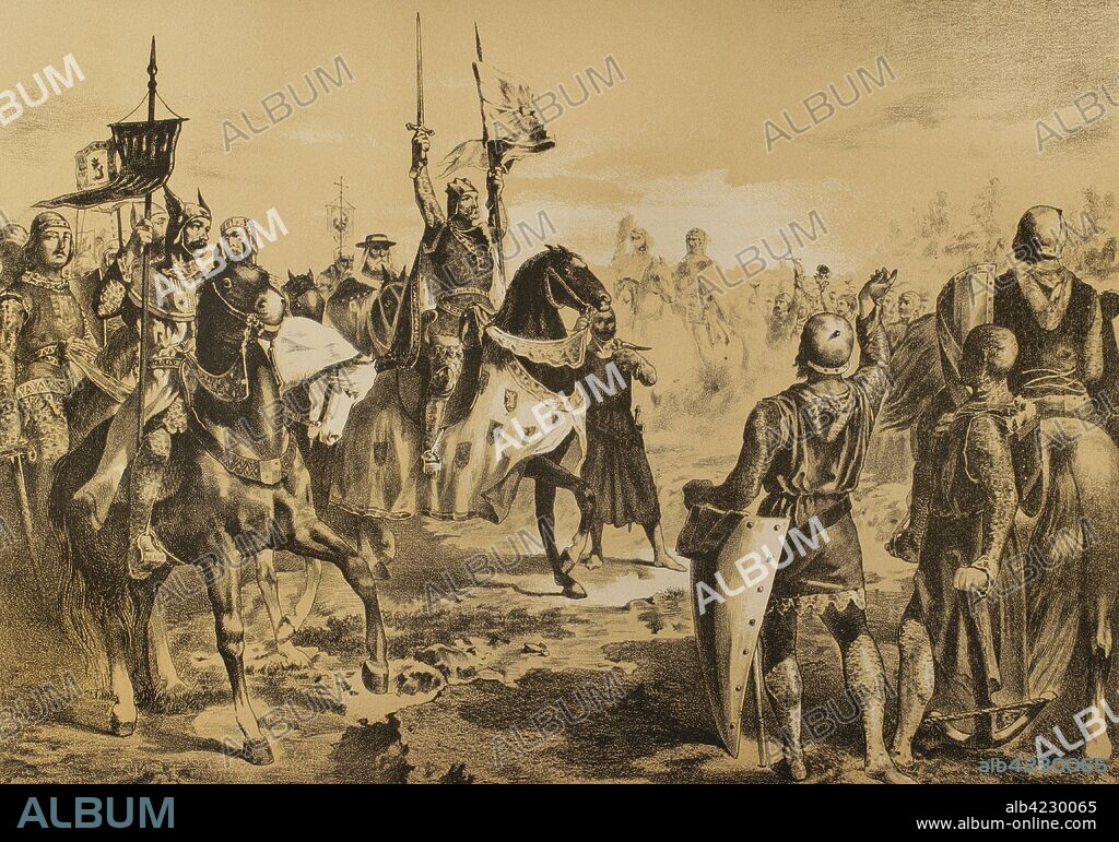 Alfonso VIII, king of Castile (1155-1214), celebrating the victory at the Batte of Las Navas de Tolosa, 1212, against the Almohad Muslim. Spain. Lithography. Museo Militar, 1883.